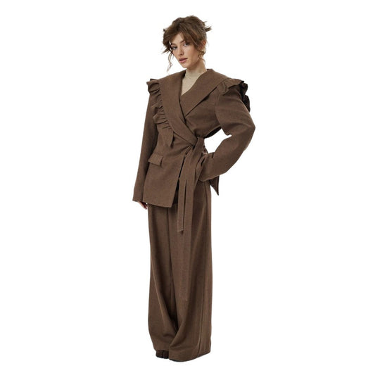 Damen Zweiteiliges Oversize-Blazer-und-Hose-Set mit Volant-Schulter und hoher Bundfalte Shop Nory
