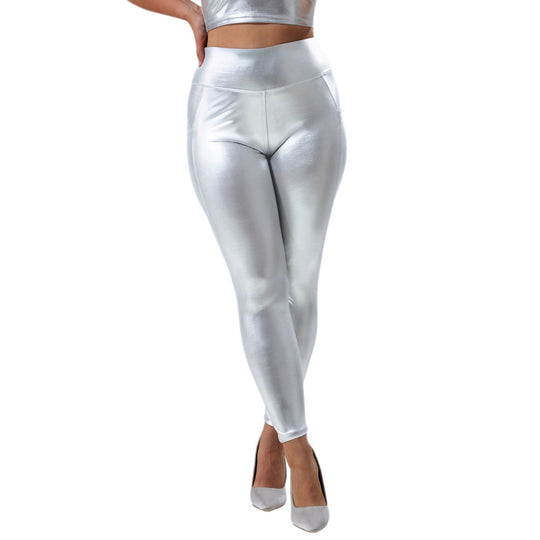 Damen Glänzende High‑Waist Capri-Leggings mit Smartphone-Seitentasche Shopy Nory