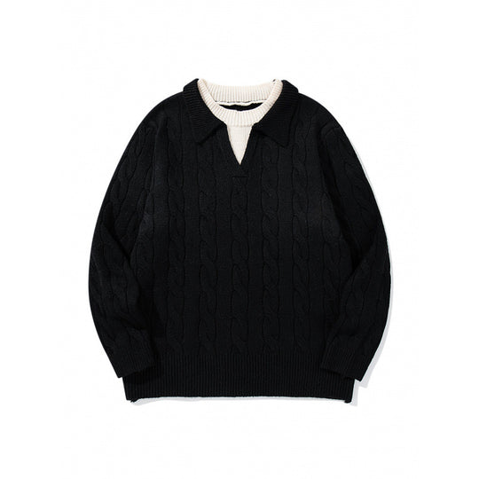 Herren Grobgestrickter Zopfmuster-Pullover mit Polokragen und V‑Ausschnitt Shop Nory