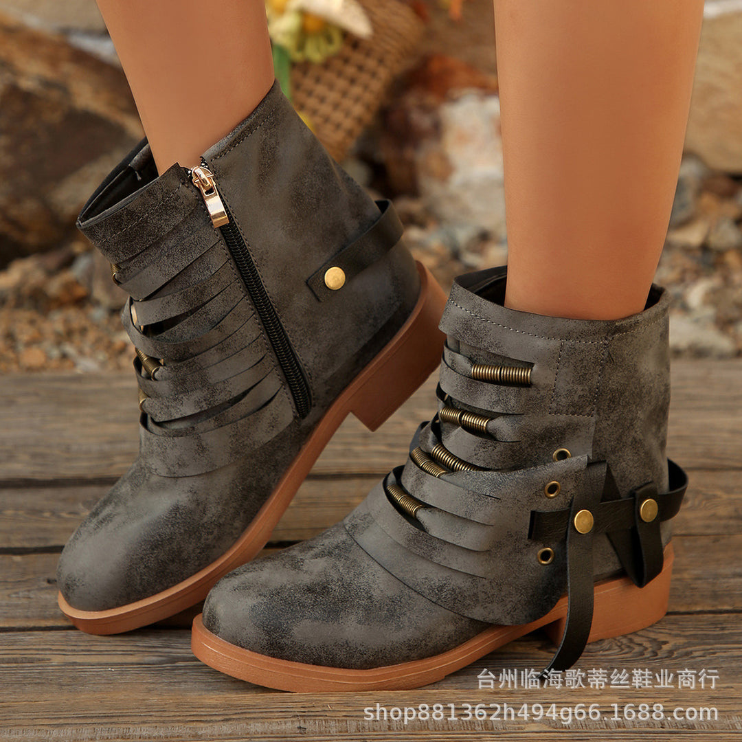 Damen Fransen-Ankle-Boots mit geschichteten Riemen und seitlichem Reißverschluss Shop Nory