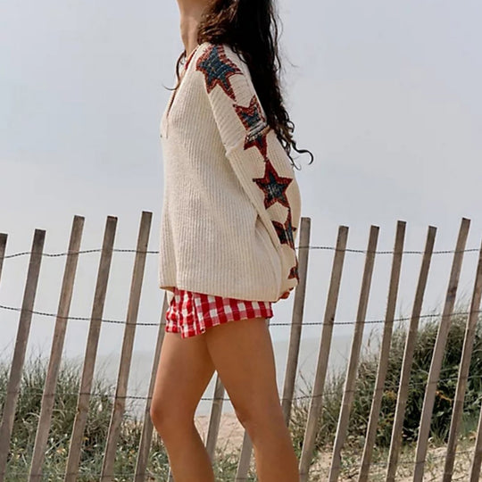Damen Oversize-Strickpullover mit V-Ausschnitt und Sternmotiven Shop Nory