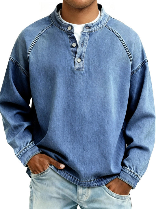 Herren nan verwaschenes Henley-Shirt mit Stehkragen, lockerer Passform und Knopfleiste Shop Nory