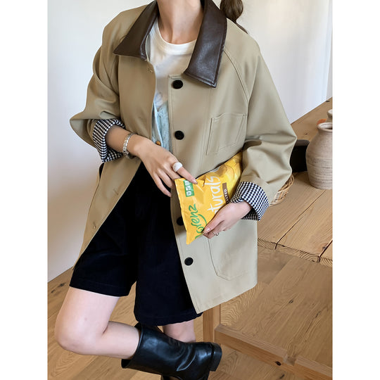 Damen Leichte Oversize-Übergangsjacke mit Kontrastkragen und kariertem Ärmelsaum Shop Nory
