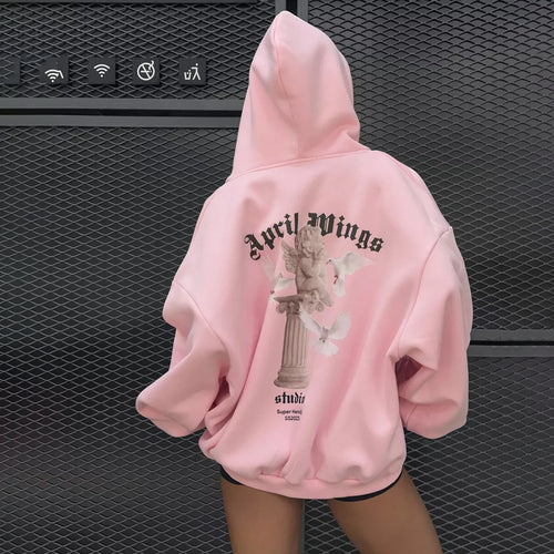 Damen oversized Kapuzenpullover mit Engels-Print und kunstvollem Rückendruck Shop Nory