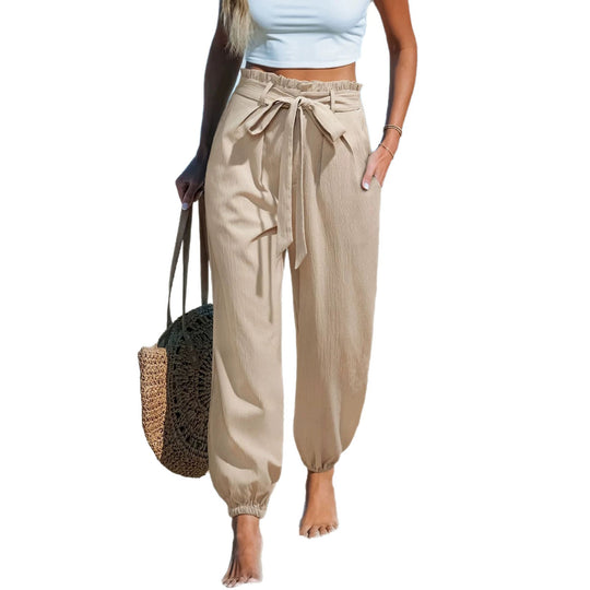 Damen Leichte Paperbag-Hochbund-Hose mit Bindegürtel, Seitentaschen und elastischen Knöchelbündchen Shop Nory