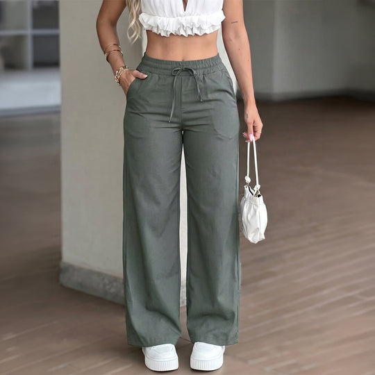 Damen nan weite High‑Waist Leinenhose mit elastischem Tunnelzugbund und Seitentaschen Shop Nory