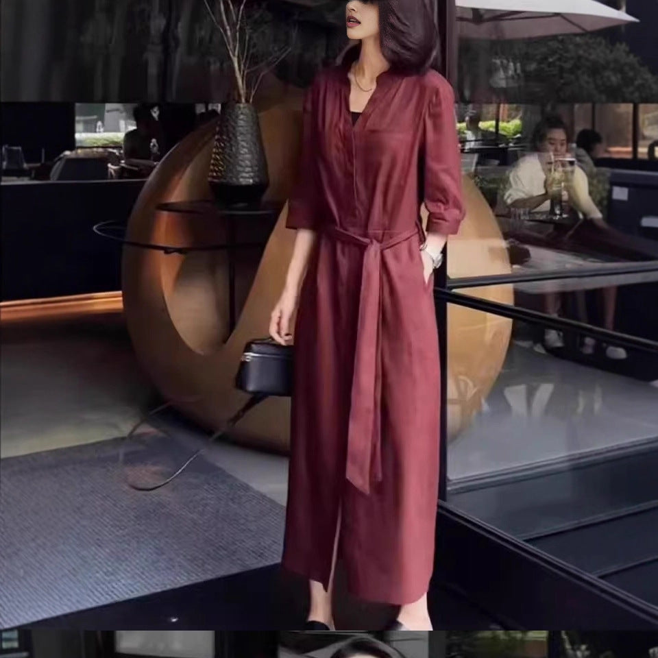 Damen Leinen-Overall mit tailliertem Bindegürtel und 3/4-Ärmeln Shop Nory