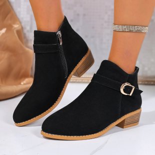 Damen Veloursleder-Ankle-Boots mit seitlichem Reißverschluss, Zier-Schnalle und niedrigem Blockabsatz Shop Nory
