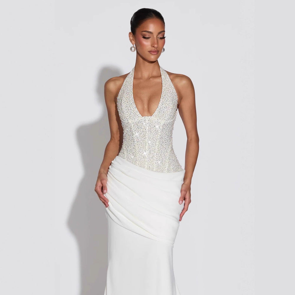 Damen Glamouröses Abendkleid mit tiefem V-Ausschnitt und dekorativen Pailletten