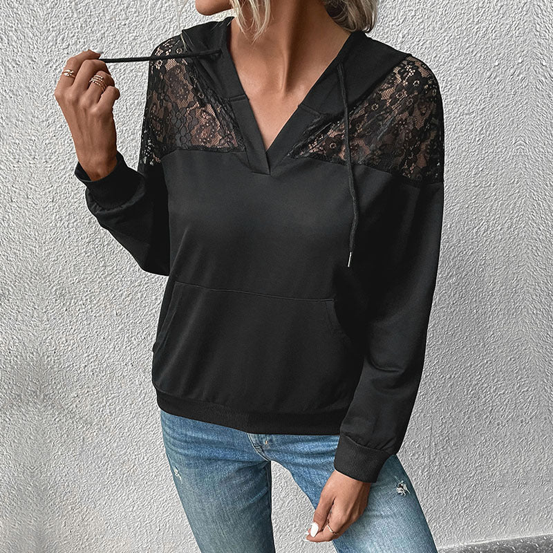 Damen Hoodie mit V-Ausschnitt, Spitzen-Schulterbesatz und Kängurutasche Shop Nory
