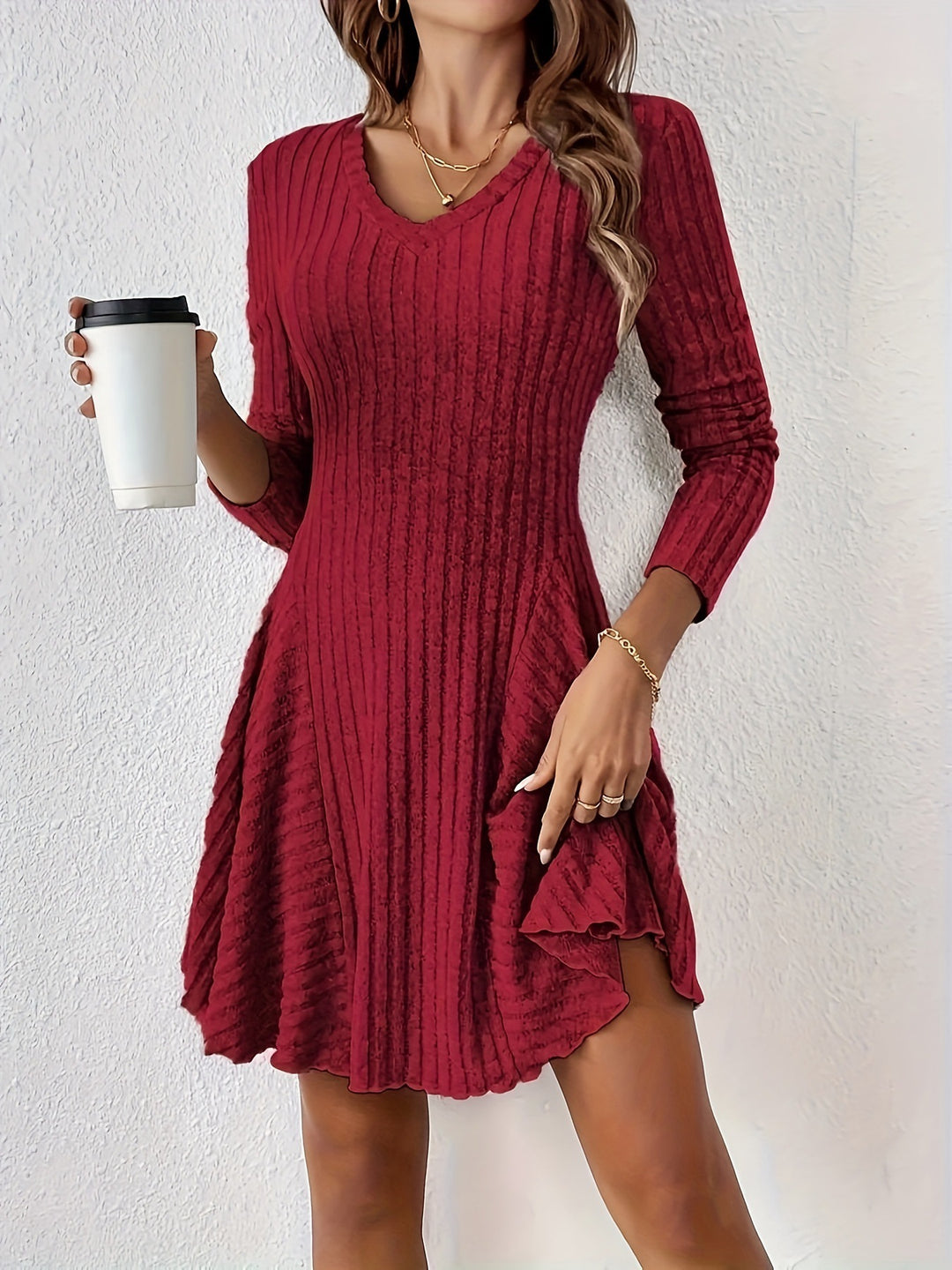Damen Figurbetontes Rippenstrick-Minikleid mit V-Ausschnitt und ausgestelltem Stufenrock Shop Nory