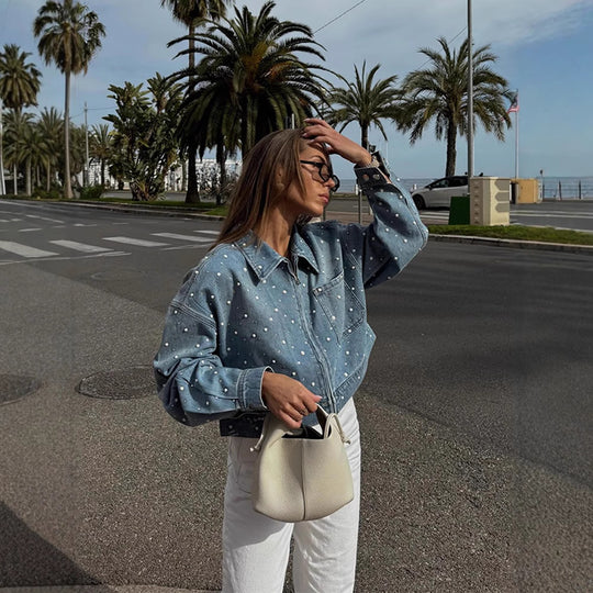 Damen Gekürzte Denim-Jacke mit Perlenbesatz und Oversize-Ärmeln Shop Nory
