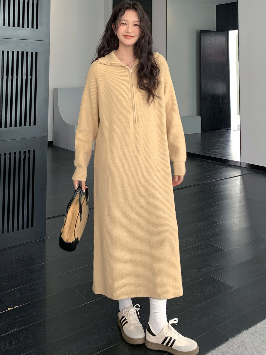 Damen Geripptes Kapuzen-Strickmaxikleid mit halbem Reißverschluss und weitem Fall Shop Nory