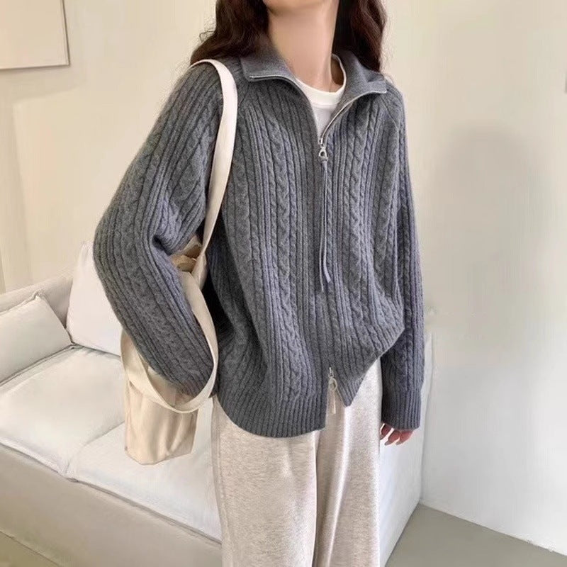 Damen Kastiger Zopfstrick‑Cardigan mit Zweiwege‑Reißverschluss, Stehkragen und breitem Rippsaum Shop Nory