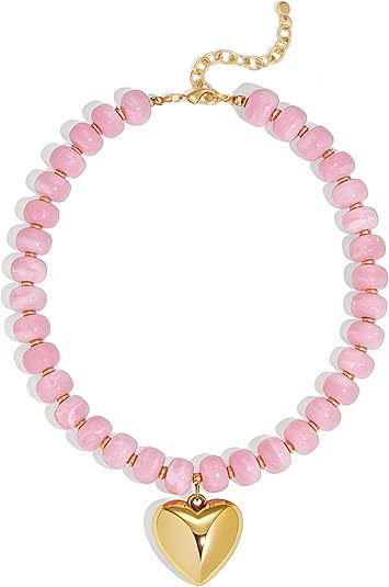Damen Halskette mit herzförmigem Anhänger und bunten Holzperlen Shop Nory