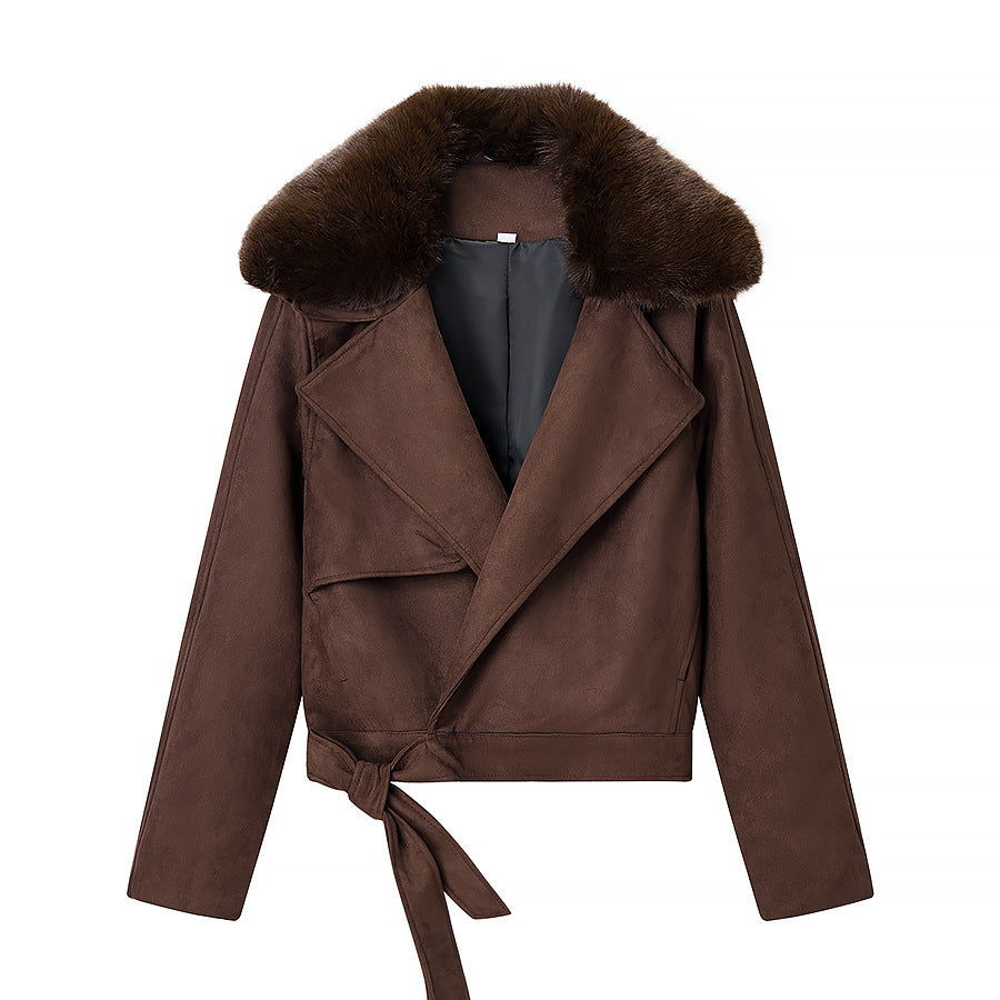 Damen Cropped-Motorjacke aus Wildlederoptik mit voluminösem Teddykragen Shop Nory
