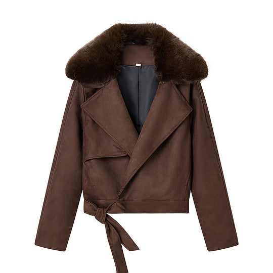 Damen Cropped-Motorjacke aus Wildlederoptik mit voluminösem Teddykragen Shop Nory