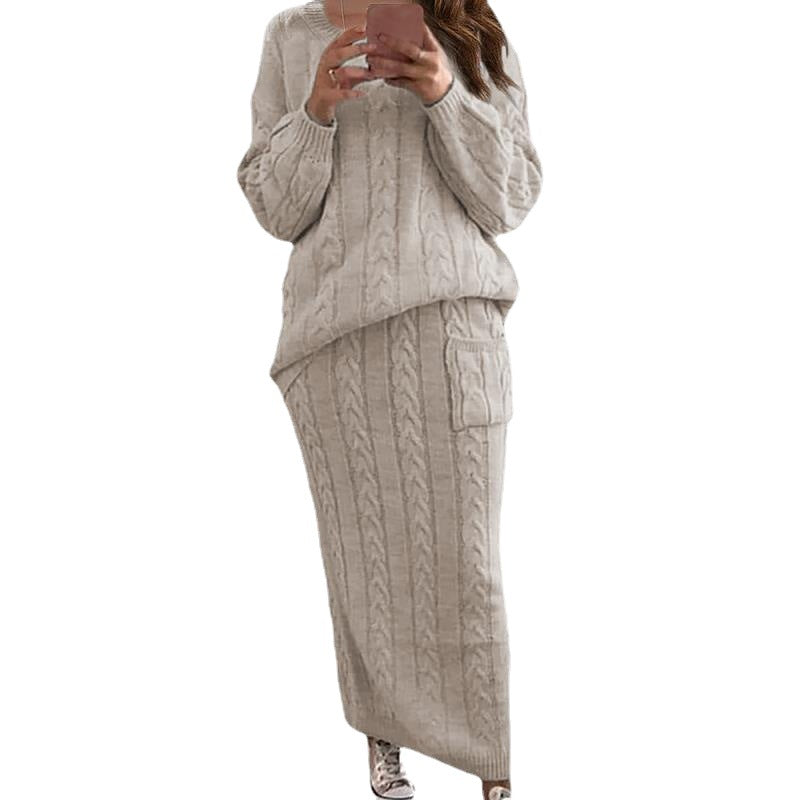 Damen nan Strickset Oversized Zopfmuster-Pullover und Maxi-Bleistiftrock mit aufgesetzter Tasche Shop Nory