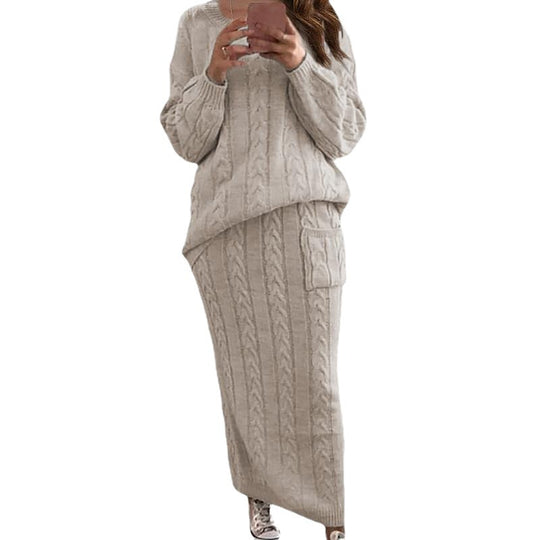 Damen nan Strickset Oversized Zopfmuster-Pullover und Maxi-Bleistiftrock mit aufgesetzter Tasche Shop Nory