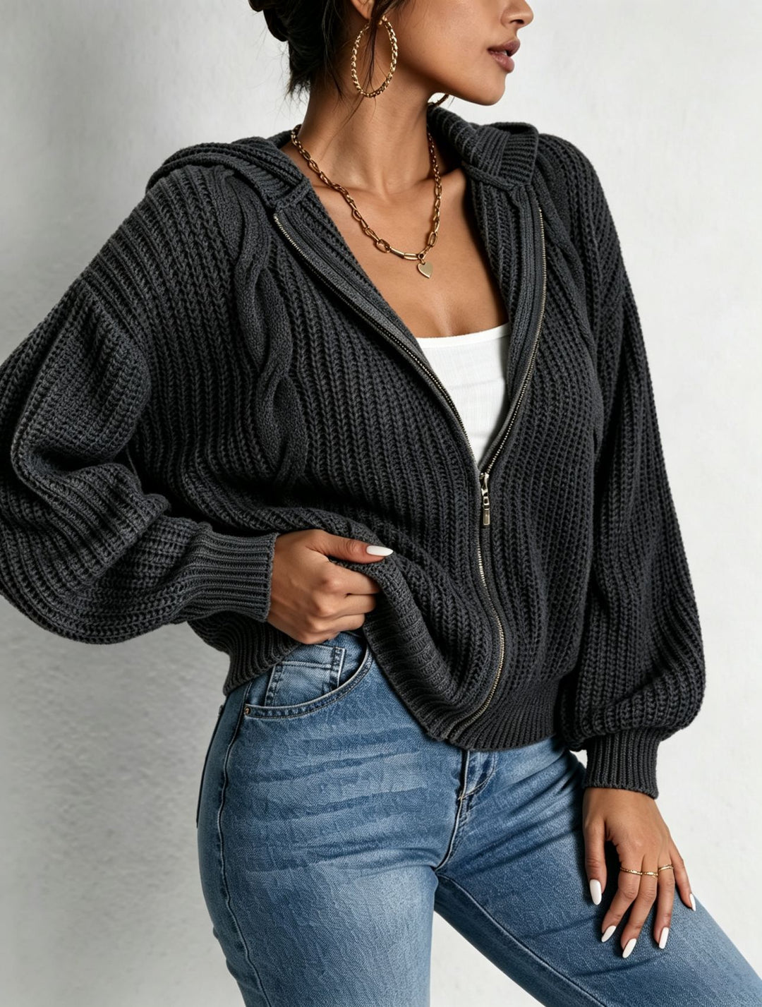 Damen Kapuzen-Cardigan im Grobstrick mit Zopfmuster und Reißverschluss Shop Nory
