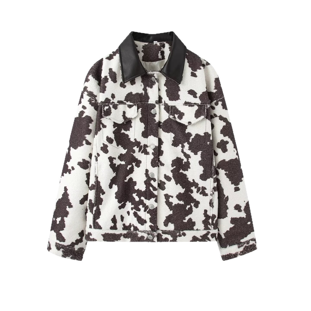 Damen Teddy-Truckerjacke mit Kuhfleckenmuster und Kunstlederkragen Shop Nory