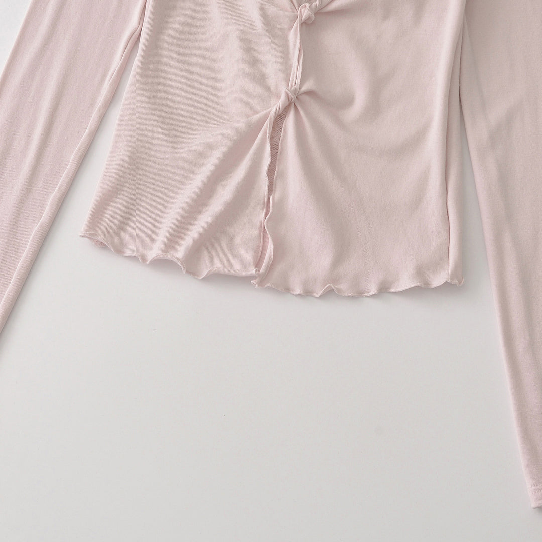 Damen Langarm-Feinjersey-Top mit Spitzen-Einsatz, Knotenfront und Raffung Shop Nory