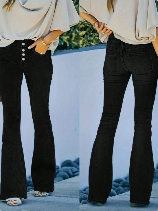 Damen taillenhohe Schlagjeans mit dekorativer Knopfleiste und sculptendem Sitz Shop Nory