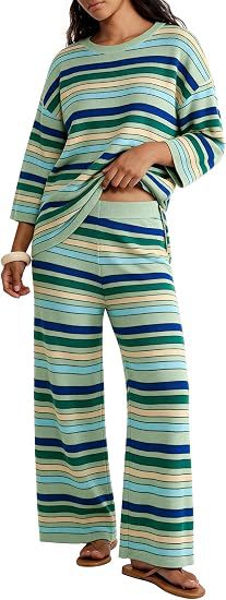 Damen Gestreiftes Lounge-Set aus leichtem Strick mit weitem Bein und 3/4-Ärmeln Shop Nory