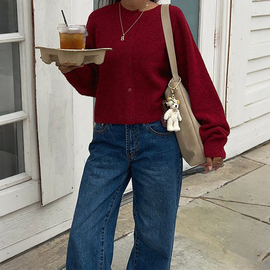 Damen nan kuschelige Kurzstrickjacke mit Perlmuttknöpfen und lässiger Oversize-Passform Shop Nory