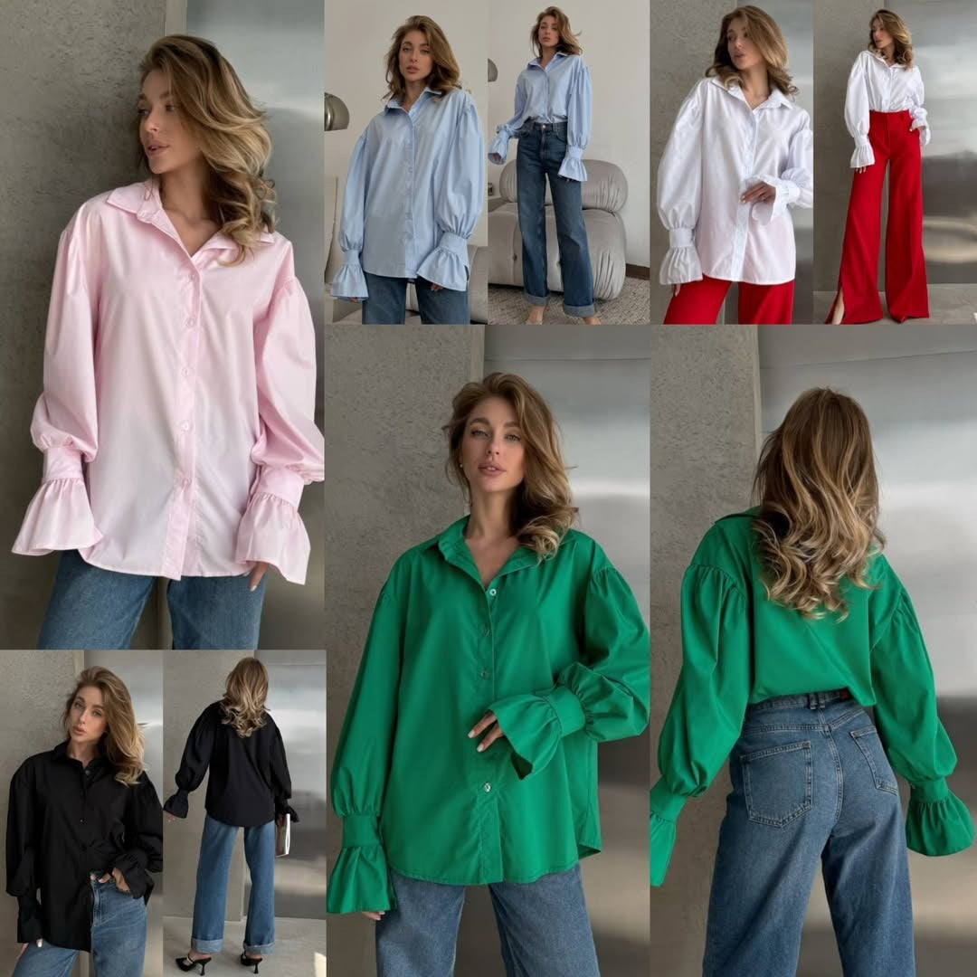 Damen Oversized-Bluse mit Volant-Manschetten und Ballonärmeln Shop Nory