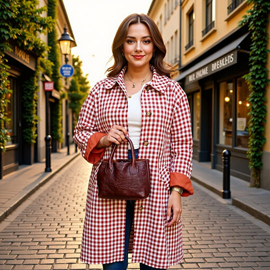 Damen Karo-Trenchcoat mittellang mit Knopfleiste und kontrastgefütterten Manschetten Shop Nory