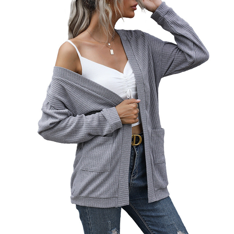 Damen lässiger gerippter Strickcardigan mit Taschen und offenem Schnitt Shop Nory