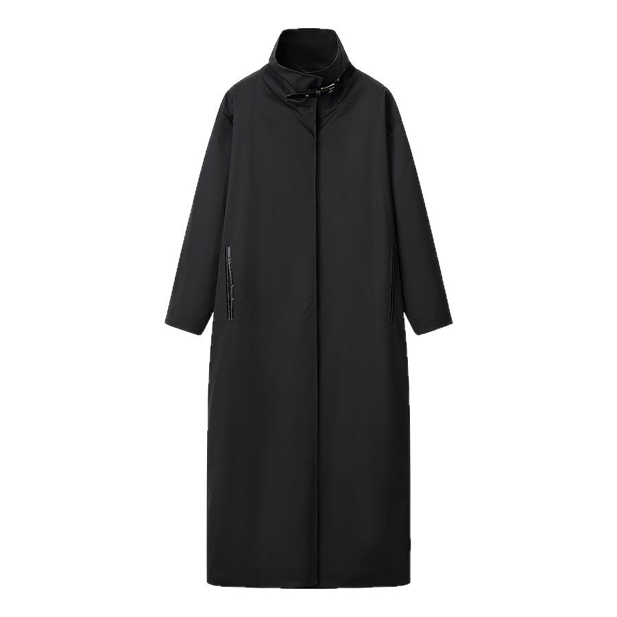 Damen Langer minimalistischer Mantel mit hohem Stehkragen und verdeckter Front Shop Nory