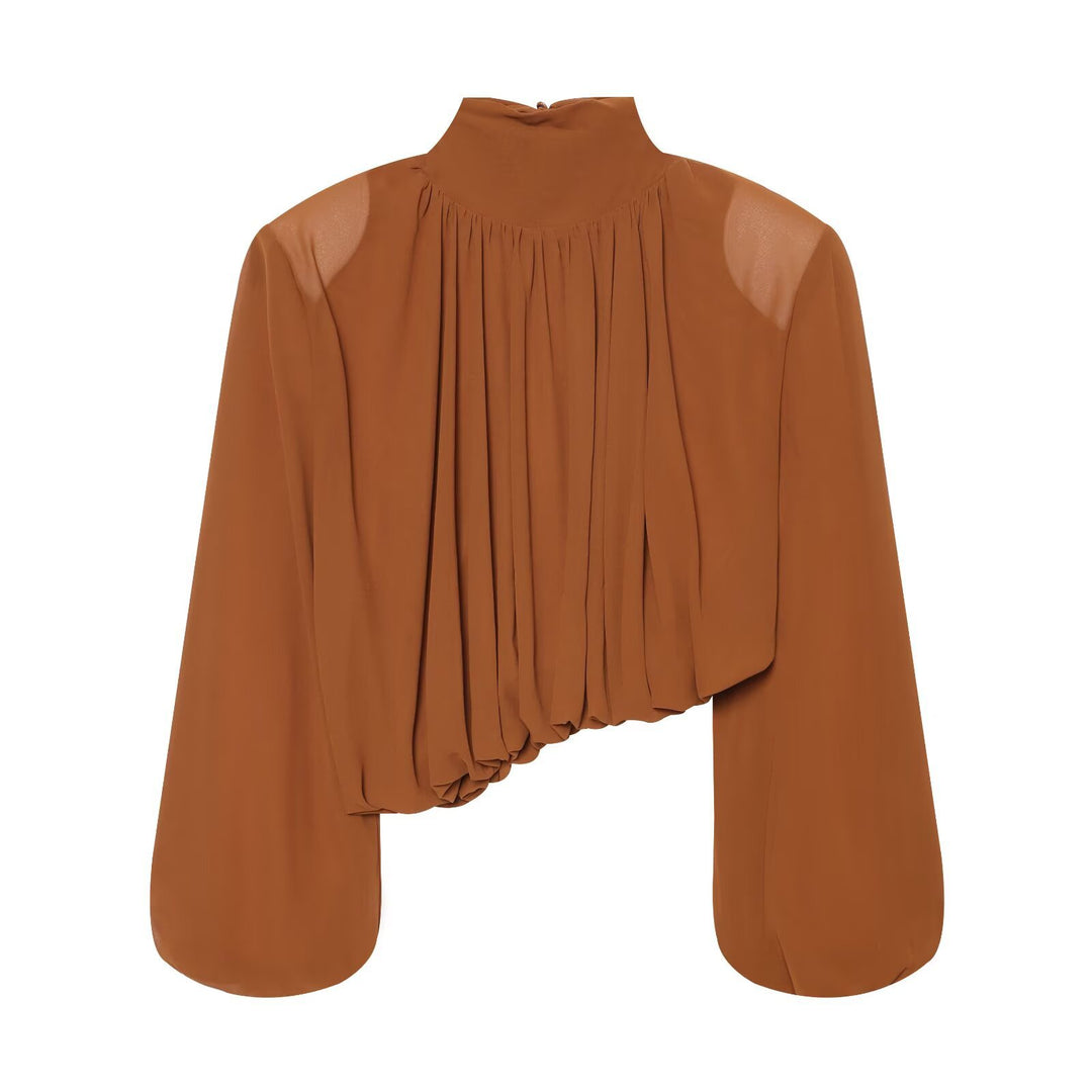 Damen Plissierte Bluse mit Stehkragen und Ballonärmeln Shop Nory