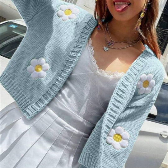 Damen Strickjacke mit floralen Applikationen und lockerer Passform