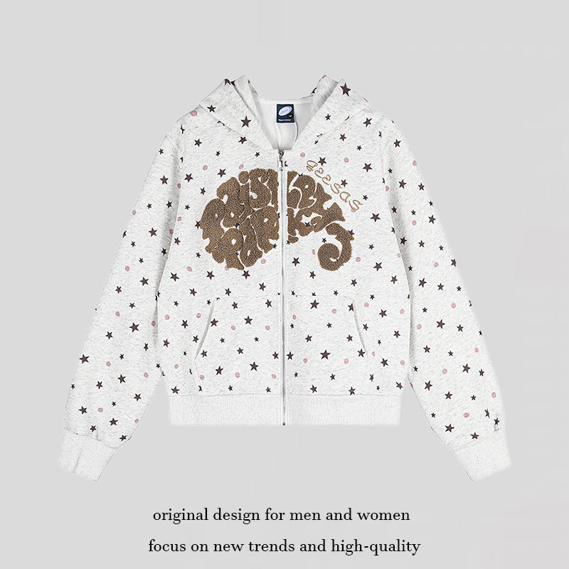 Damen Kapuzen-Sweatjacke mit Sternen‑Allover, Struktur-French-Terry und funkelnder Frontapplikation Shop Nory