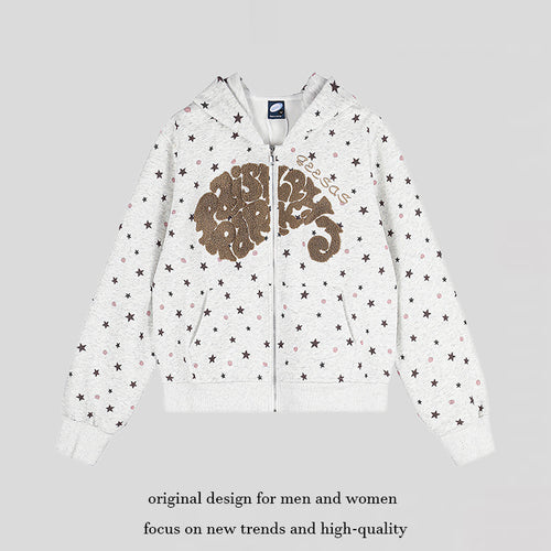 Damen Kapuzen-Sweatjacke mit Sternen‑Allover, Struktur-French-Terry und funkelnder Frontapplikation Shop Nory