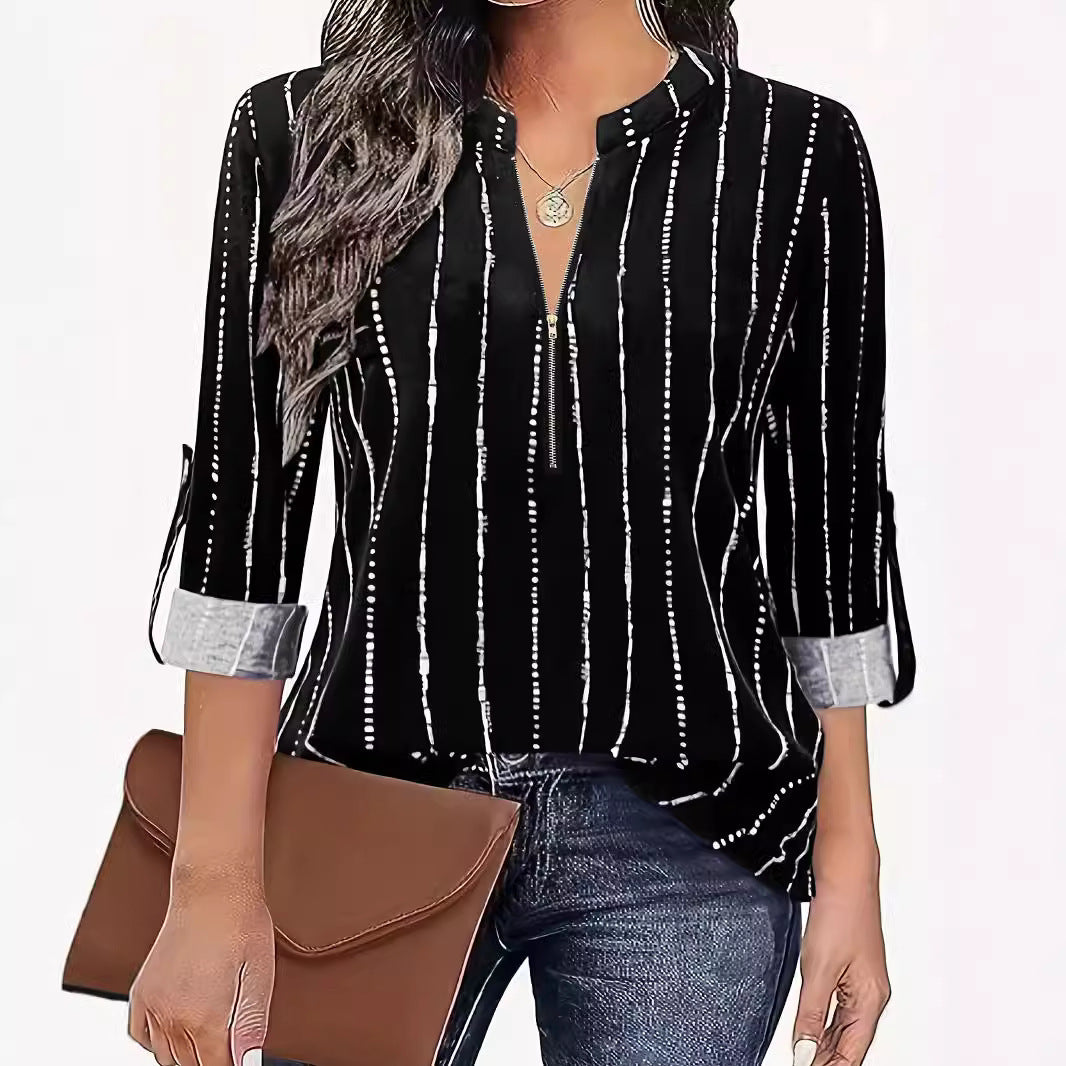 Damen Leichte Viskose-Bluse mit Stehkragen, Reißverschluss und vertikalem Punktstreifen Shop Nory