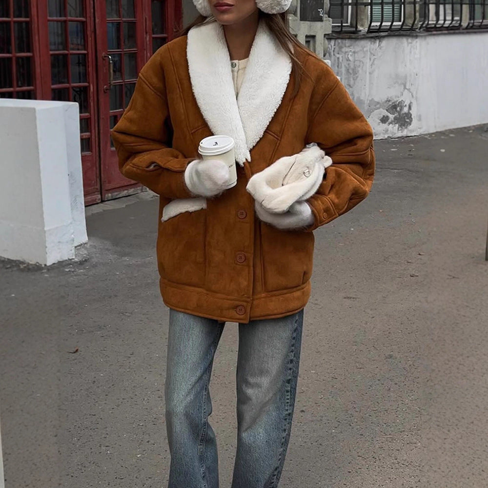 Damen Oversized Lammfellimitat Jacke mit großem Schalkragen Shop Nory