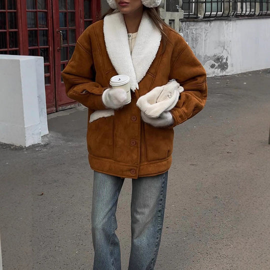 Damen Oversized Lammfellimitat Jacke mit großem Schalkragen Shop Nory