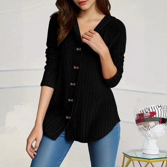 Damen kaschierender gerippter Strickcardigan mit V-Ausschnitt und dekorativen Knöpfen Shop Nory