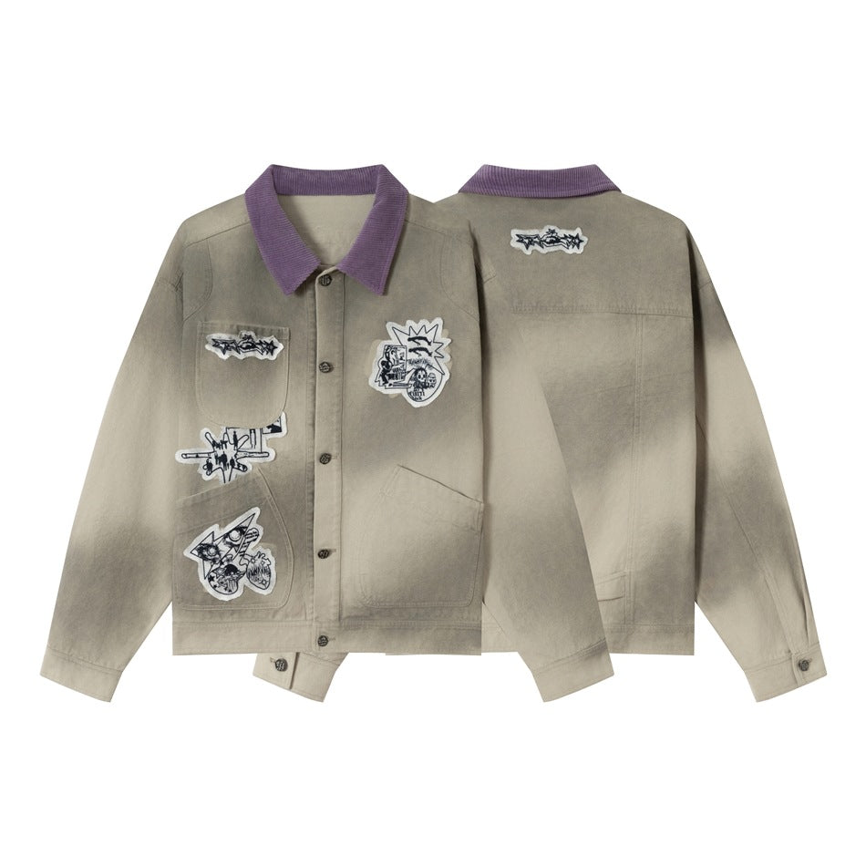 Unisex Kastig geschnittene Chorejacke aus Baumwollcanvas mit artistischen Patch Applikationen und Cordkragen Shop Nory