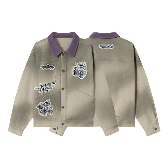 Unisex Kastig geschnittene Chorejacke aus Baumwollcanvas mit artistischen Patch Applikationen und Cordkragen Shop Nory