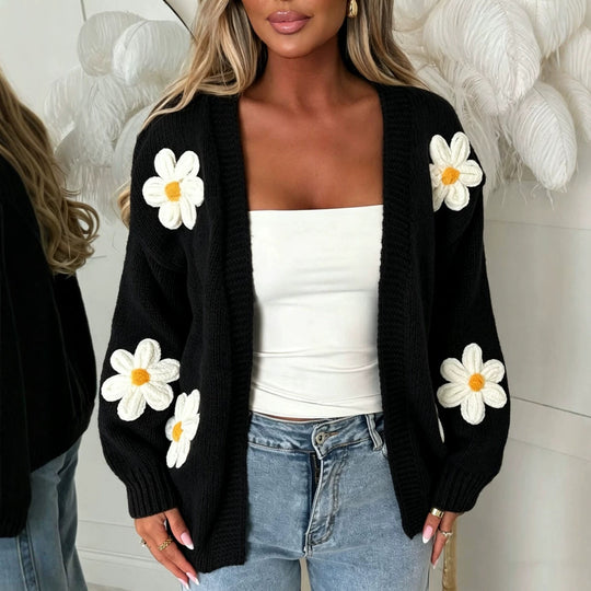 Damen Oversize-Strickcardigan mit 3D-Blumenapplikationen und geripptem Saum Shop Nory