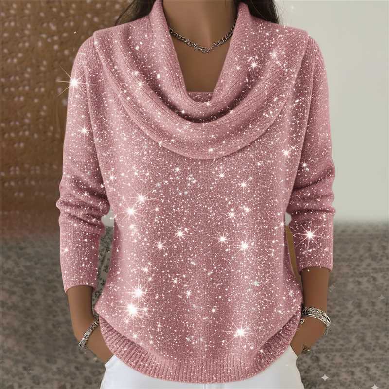 Damen nan schimmernder Strickpullover mit Wasserfallkragen, feiner Glitzerstruktur und schmalem Saum Shop Nory