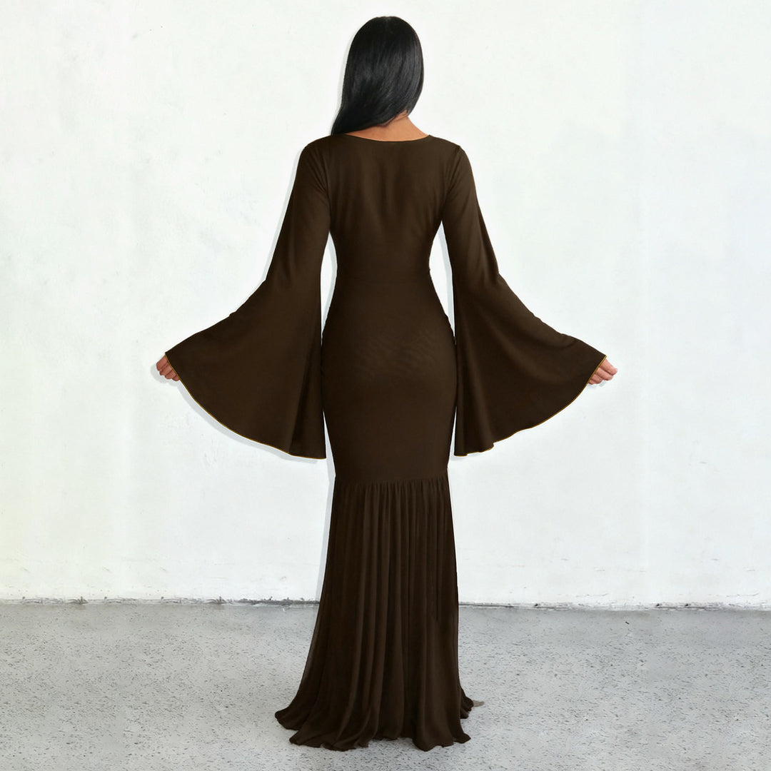 Damen nan gerafftes Maxikleid mit V-Ausschnitt, Trompetenärmeln und Stufenrüsche Shop Nory