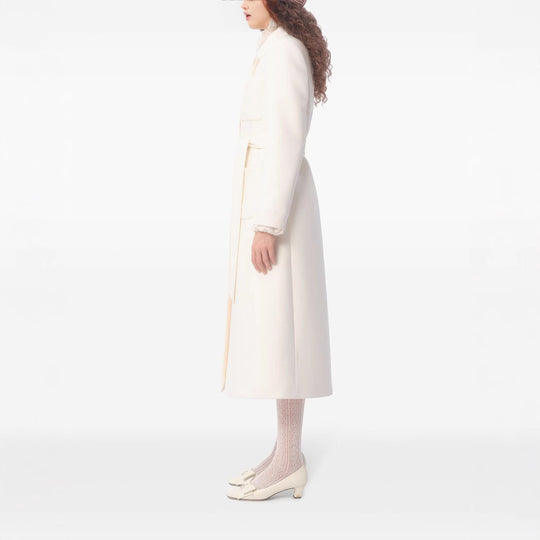 Damen langer taillierter Wollmantel mit Bindegürtel und Spitzenbesatz Shop Nory
