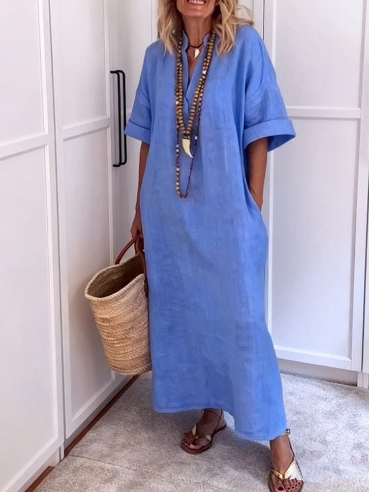 Damen Leinen Maxikleid mit V-Ausschnitt und praktischen Taschen