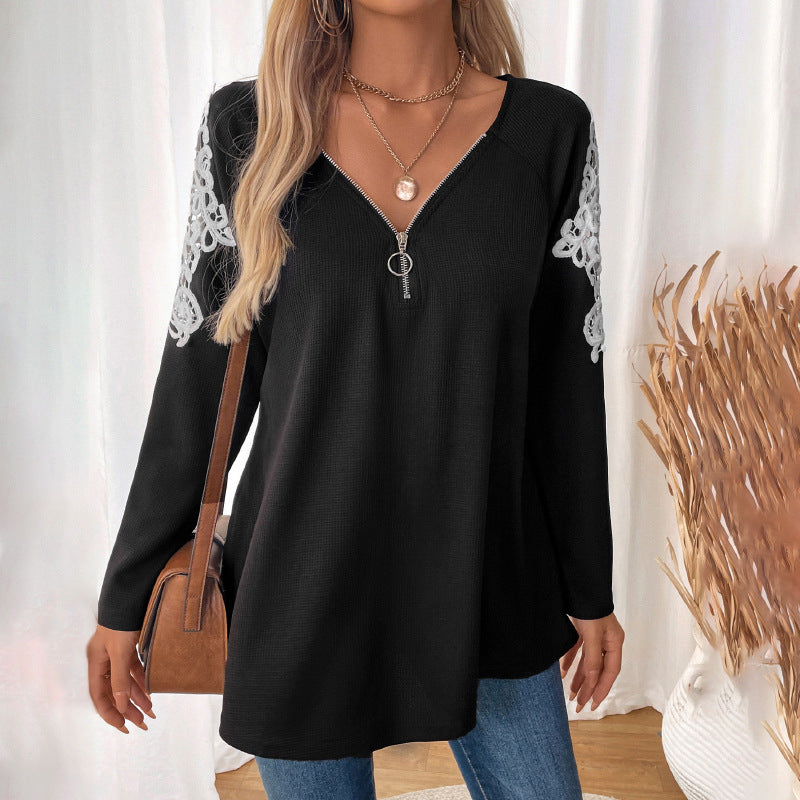 Damen Lässiges Longsleeve-Tunika-Shirt mit V‑Reißverschluss und Spitzenapplikation Shop Nory