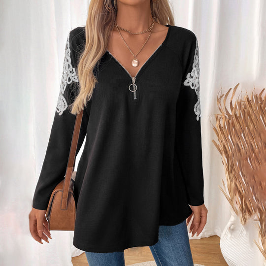 Damen Lässiges Longsleeve-Tunika-Shirt mit V‑Reißverschluss und Spitzenapplikation Shop Nory